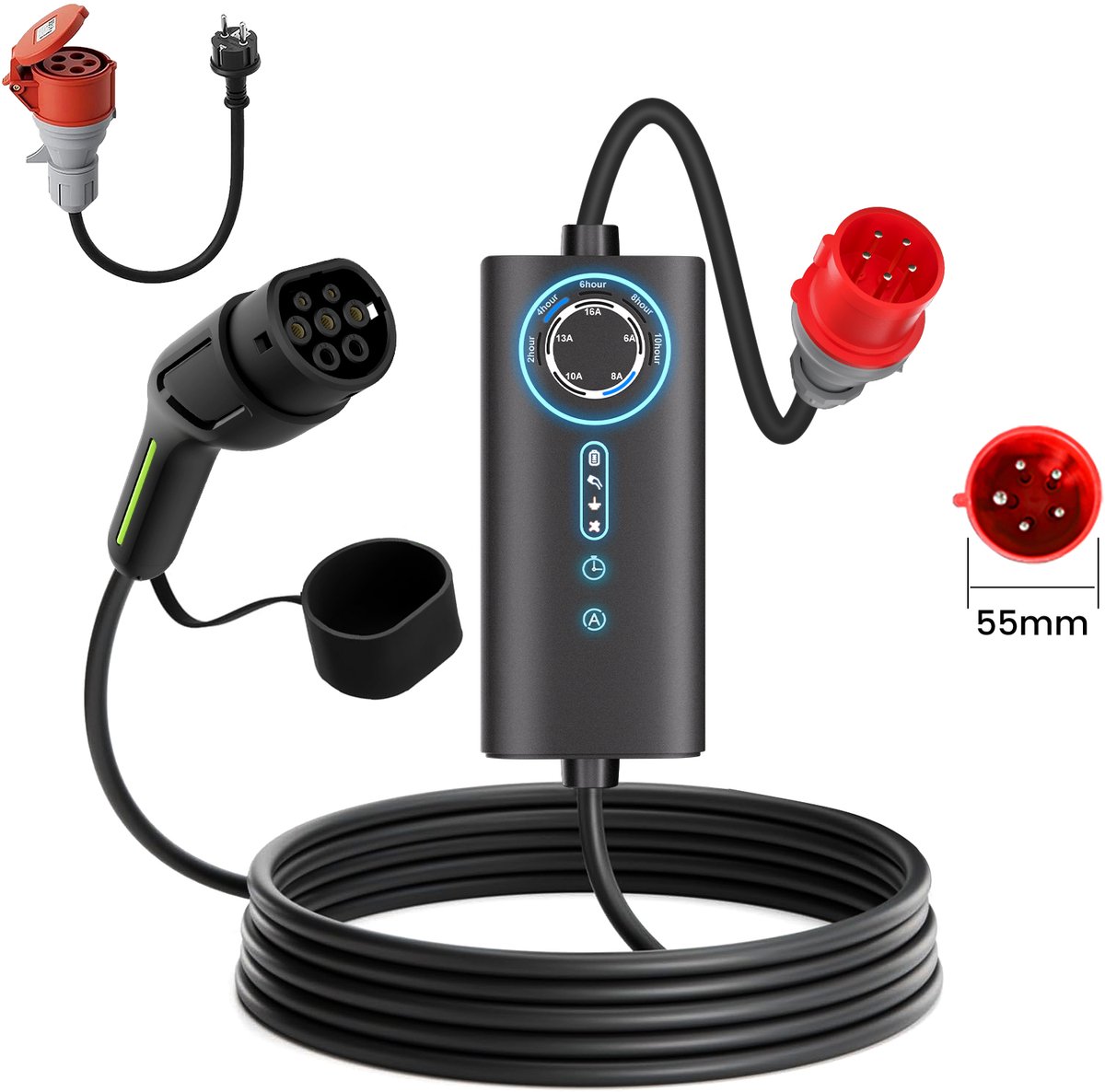 EV Laadkabel Type 2 – 11kW 6 Meter 3-Fase – CEE Rood – Incl. Adapter voor Stopcontact – IP67 Waterdicht – Instelbare Stroomsterkte