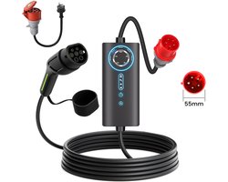 HexinexMarket EV Laadkabel Type 2 – 11kW 6 Meter 3-Fase – CEE Rood – Incl. Adapter voor Stopcontact – IP67 Waterdicht – Instelbare Stroomsterkte