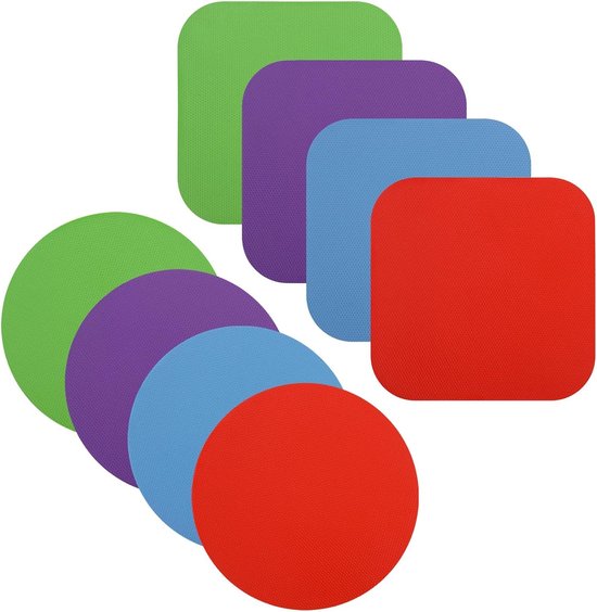Vierkante en ronde grijpers in groen, paars, blauw en rood.