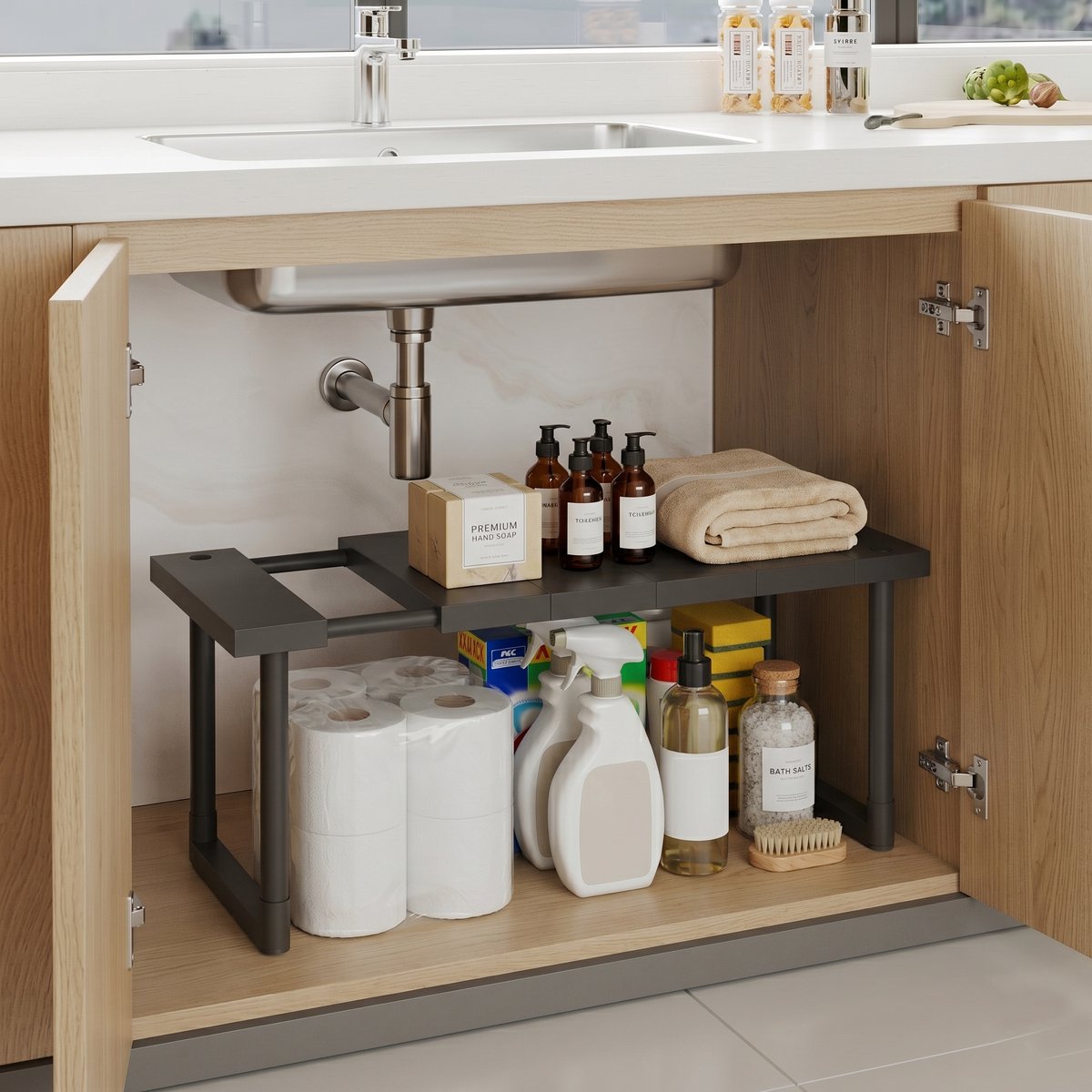 INDECOR Uitschuifbare Gootsteenkast Organizer 56–70 cm – Verstelbare Modulaire Kast Organizer – Opbergrek voor Keuken & Badkamer – Multifunctioneel Keuken Rek – Ruimtebesparende Organizer- Zwart