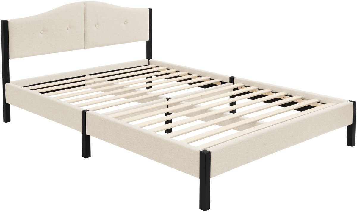 ml-design Gestoffeerd bed 140x200 cm tweepersoonsbed, stabiel bedframe serie, linnen bedombouw met gecapitonneerd hoofdbord en lattenbodem, modern linnenbed met stevig stalen frame en houten poten, comfortabel beige tweepersoonsbed voor slaapkamer