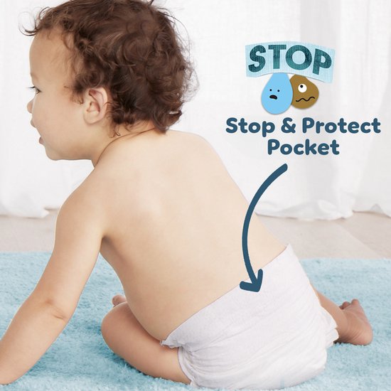 Een baby in een luier met de tekst "Stop & Protect Pocket".