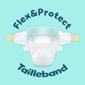 Een Pampers luier met de tekst "Flex & Protect tailleband".