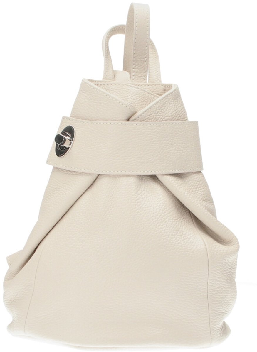 Beige Leren Rugtas met Omslag - Zilveren Draaislot - Trendy Dames Rugtassen - Meerdere Vakken - Handtassen - Italiaans Leder - Beige