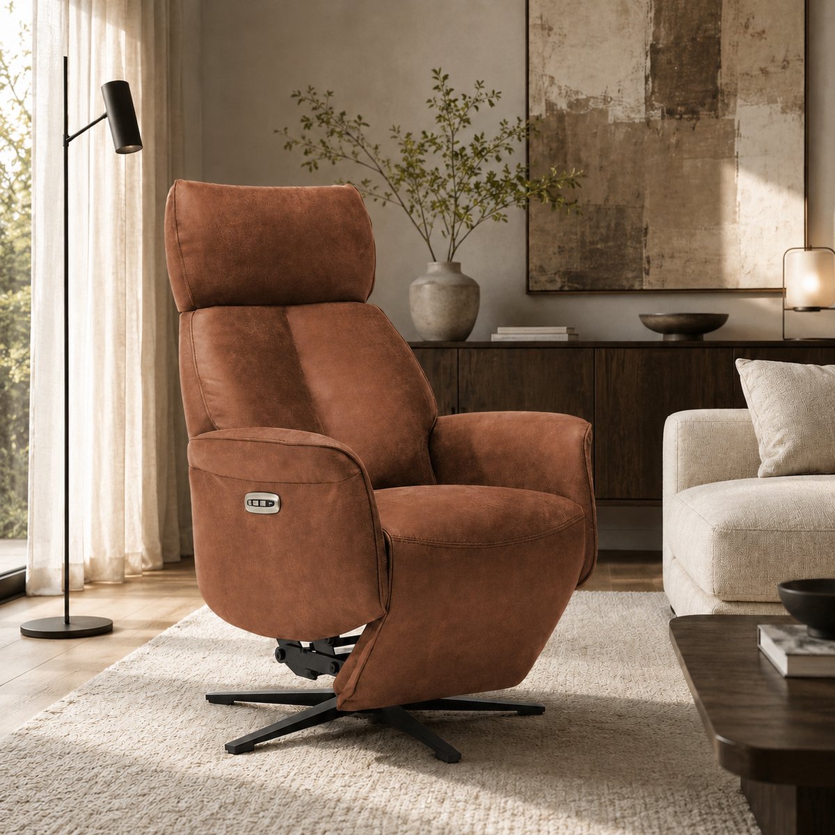 Relaxfauteuil Jaxx – Microleder – Sta-op stoel - Elektrisch Verstelbaar – Met accu – 2 Motoren – 360° Draaibaar - Cognac
