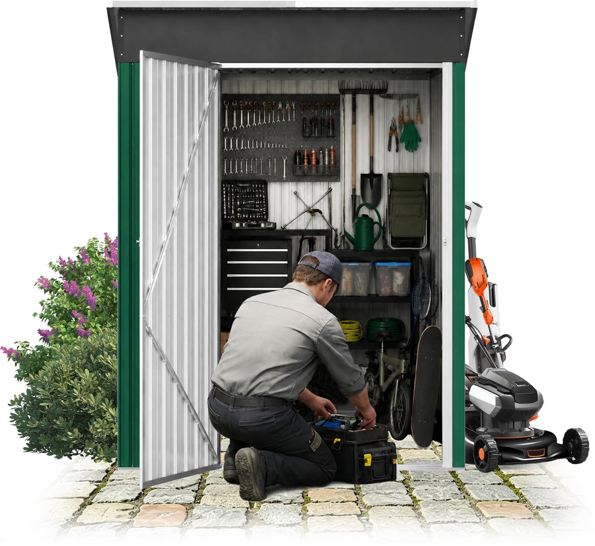 ACXIN Metalen Tuinhuis - Weerbestendige Gereedschapsschuur - Schuin Dak & Ventilatie - Afsluitbare Tuinopslag - 150x91x185 cm - Groen