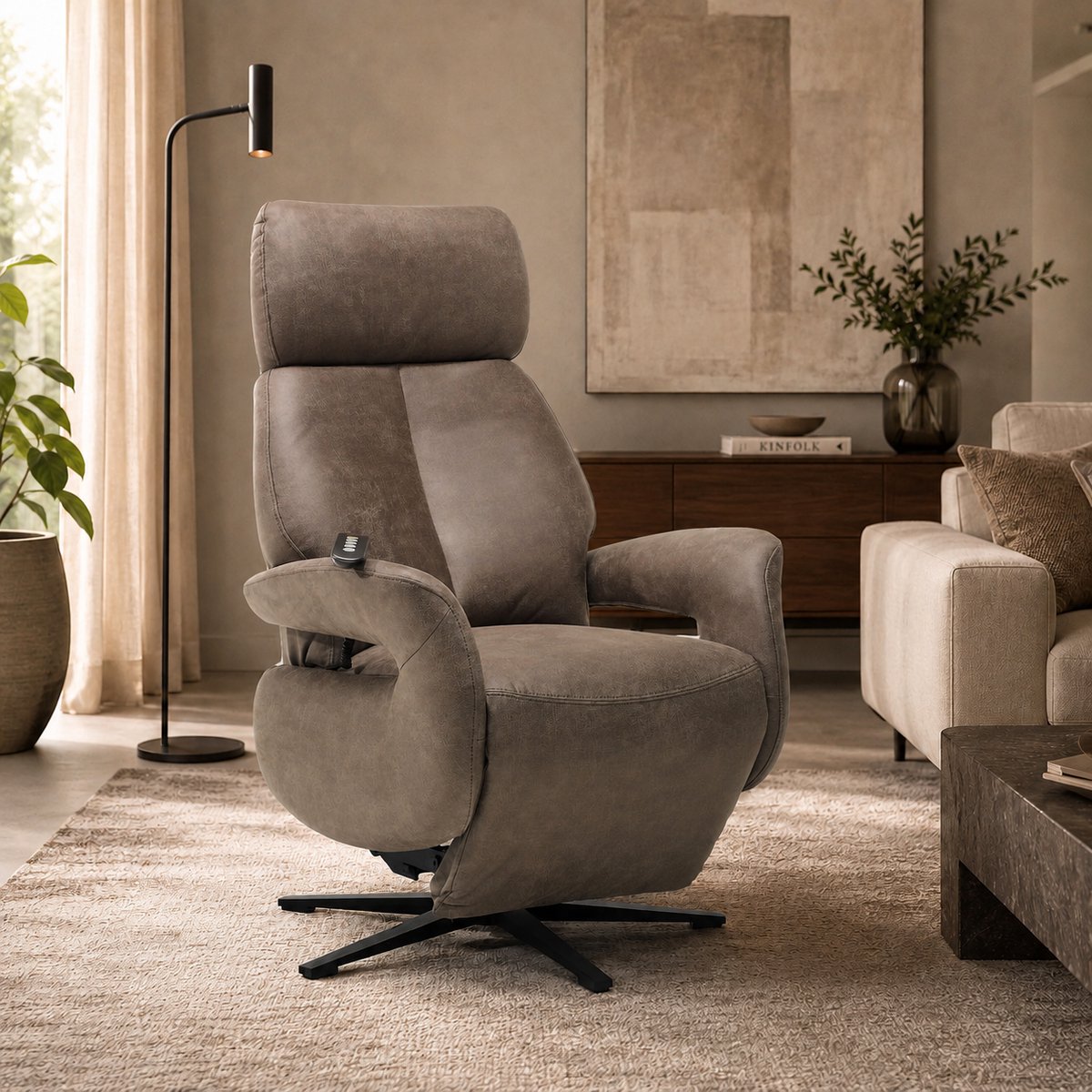 Relaxfauteuil Milo – Microleder – Sta-op stoel - Elektrisch Verstelbaar – Met Accu – 2 Motoren – 360° Draaibaar – Liver