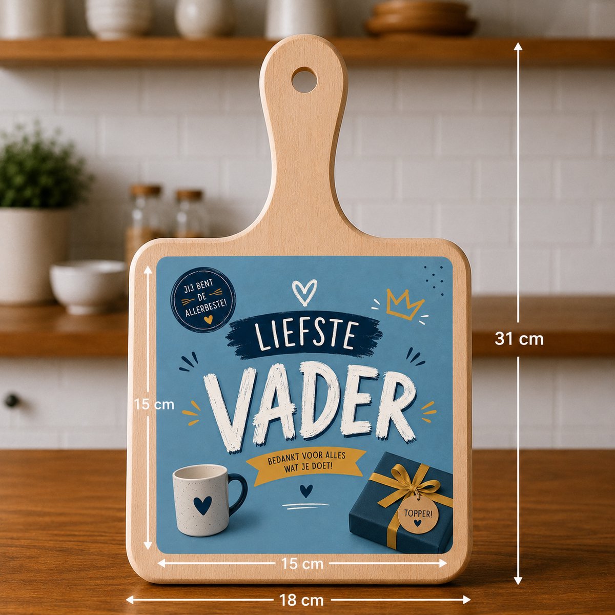 Kaasplank met Tegel Fijne Vaderdag – Vaderdag Cadeau voor Papa – Houten Serveerplank 18x31 cm met Tegel 15x15 cm