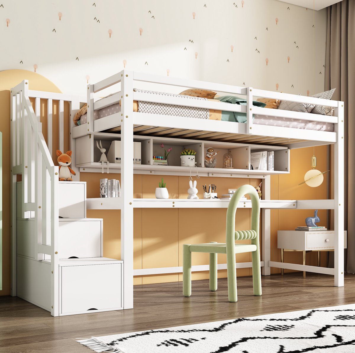 DESMIU Hoogslaper 90x200 cm – Met Opbergtrap En Bureau – Met Planken Voor Opbergen En Studeren – Ideaal Voor Kinderkamer – Massief Hout En MDF – Wit – Zonder Matras