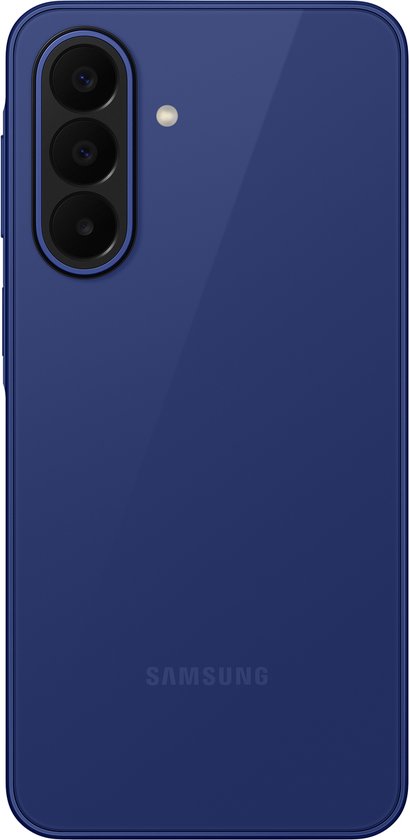 Donkerblauwe Samsung Galaxy A27 5G telefoon, achterkant met drie camera's en Samsung logo.