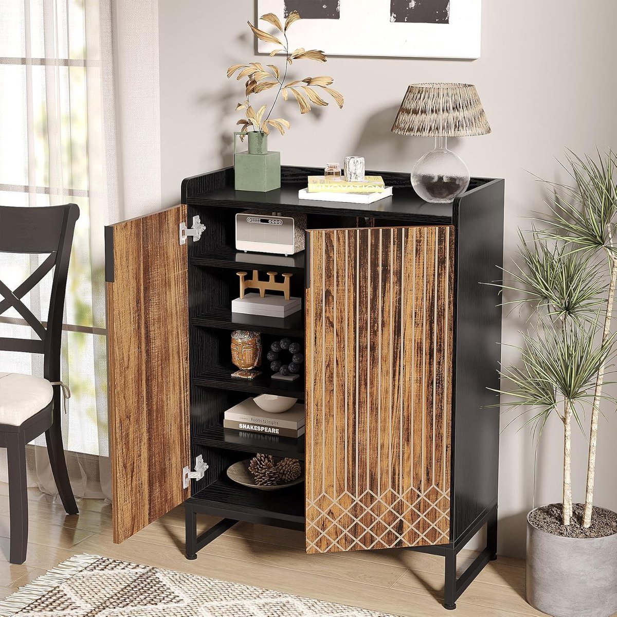 Schoenenkast met 2 Deuren - House&Garden Schoenenrek voor 25 Paar Schoenen - Smalle Schoenenkast Hal en Gang - Opbergkast met 5 Planken en Metalen Frame - Industrieel Bruin Zwart - 73x35x105 cm
