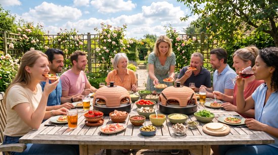 Emerio Pizzarette Origineel - 6 Persoons Pizza Oven - Handgemaakte Terracotta Koepel - 6 Geïsoleerde Bakspatels - RVS Bakplaat - Gourmetstel met Cool touch koepel - PO-115984 1200W