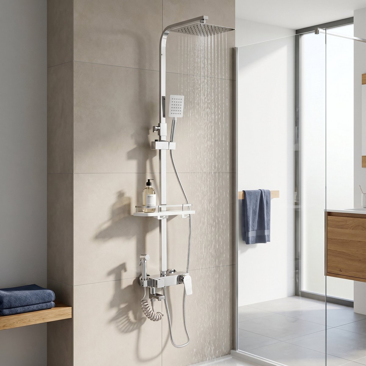 Regendoucheset met Handdouche - Doucheset met digitaal display - Glijstangset 850-1240 mm - 4 functies met bidet - verchroomd metaal - zilver