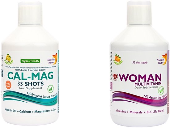 Flesje "CAL-MAG 33 SHOTS" met tekst "Vegan Friendly". Flesje "WOMAN MULTIVITAMIN Daily Supplement" met tekst "147 Active Ingredients".