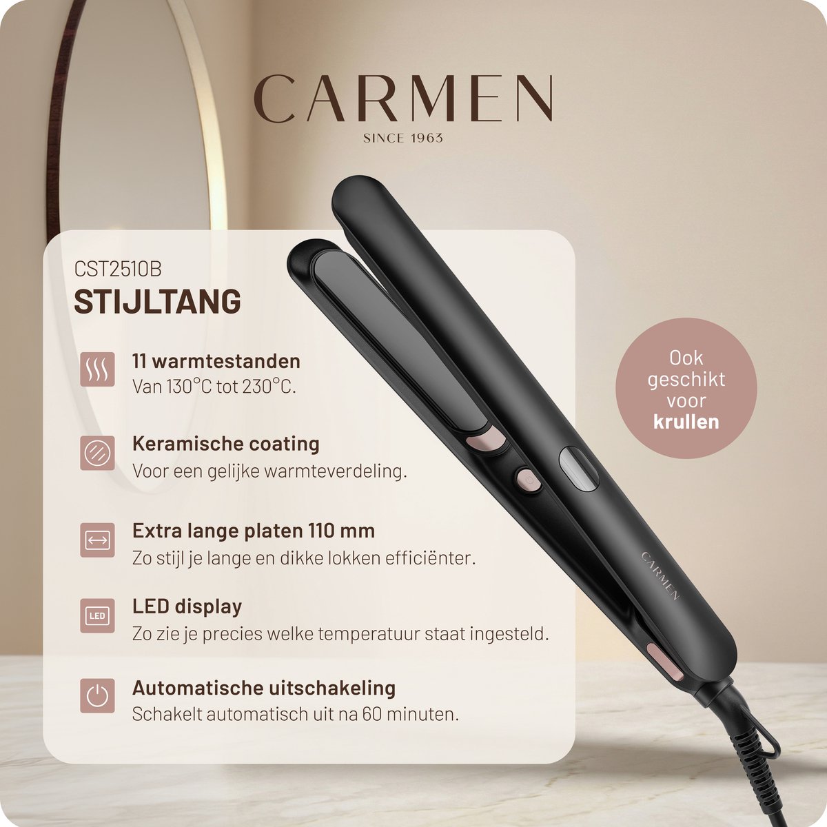 Carmen CST2510B Stijltang met Extra Lange Platen - afbeelding 2
