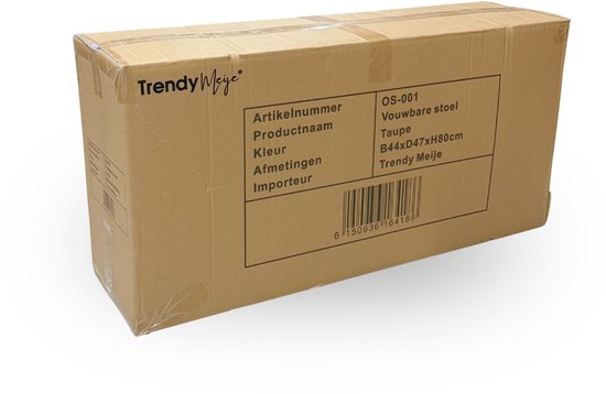 Une boîte en carton avec des informations sur une chaise pliante: Numéro d'article OS-001, Couleur Taupe, Dimensions L44xP47xH80cm, Importateur Trendy Meije.