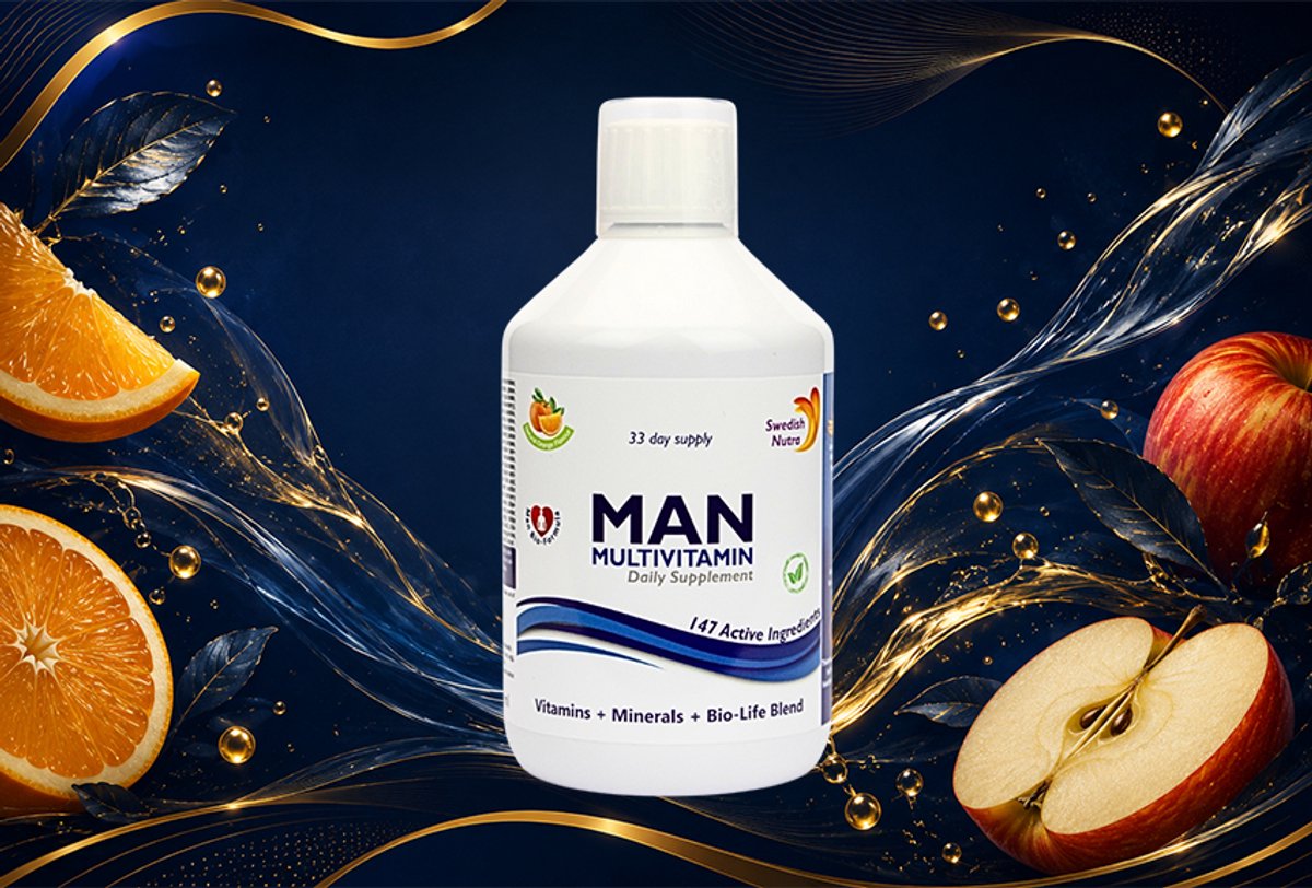 Man Multivitamine van Swedish Healthbrand is een unieke mix van vitaminen en mineralen.Deze blend Man multivitamine en is nog eens gemixt met ijzer, amino zuren, vitaminen A, C, D, E, K en alle 8 B-vitaminen