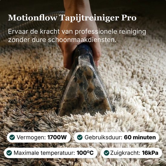 Close-up van de Motionflow Tapijtreiniger Pro diep in een hoogpolig tapijt reinigt, met textuur van het apparaat.