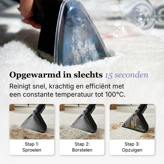 Stap-voor-stap illustratie van het reinigen van een tapijt met de tapijtreiniger: sproeien, borstelen en opzuigen.