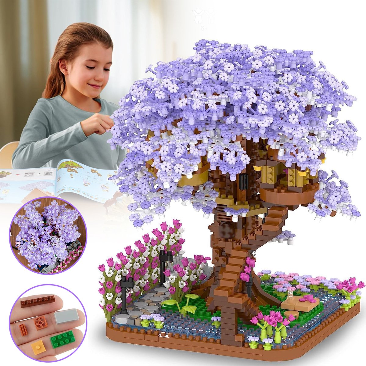 2200 Stuks Kersenbloesem Bonsai Boom Bouwset - Modelsets Van Japanse Sakura-Boomhutten - Bloemenhuis Mini Bouwpakket Van Bakstenen