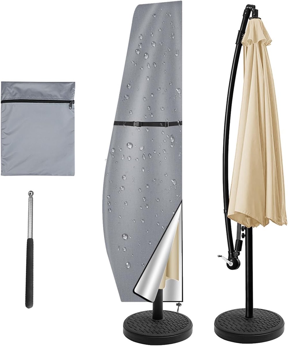 VHV Parasolhoes - Zwevende parasolhoes - Beschermhoes parasol - Met stok - Waterdicht - UV-bestendig - Met rits - Voor tuin en terras - Universeel - 265*50cm - Grijs
