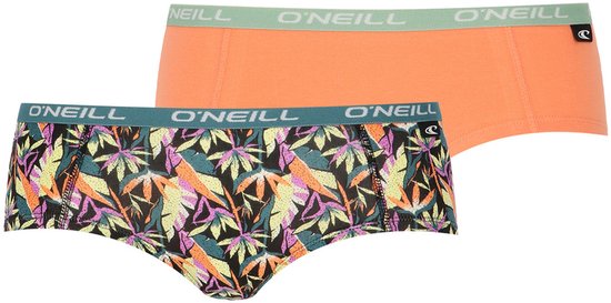 Twee hipster onderbroeken: één effen oranje, één met tropische print.