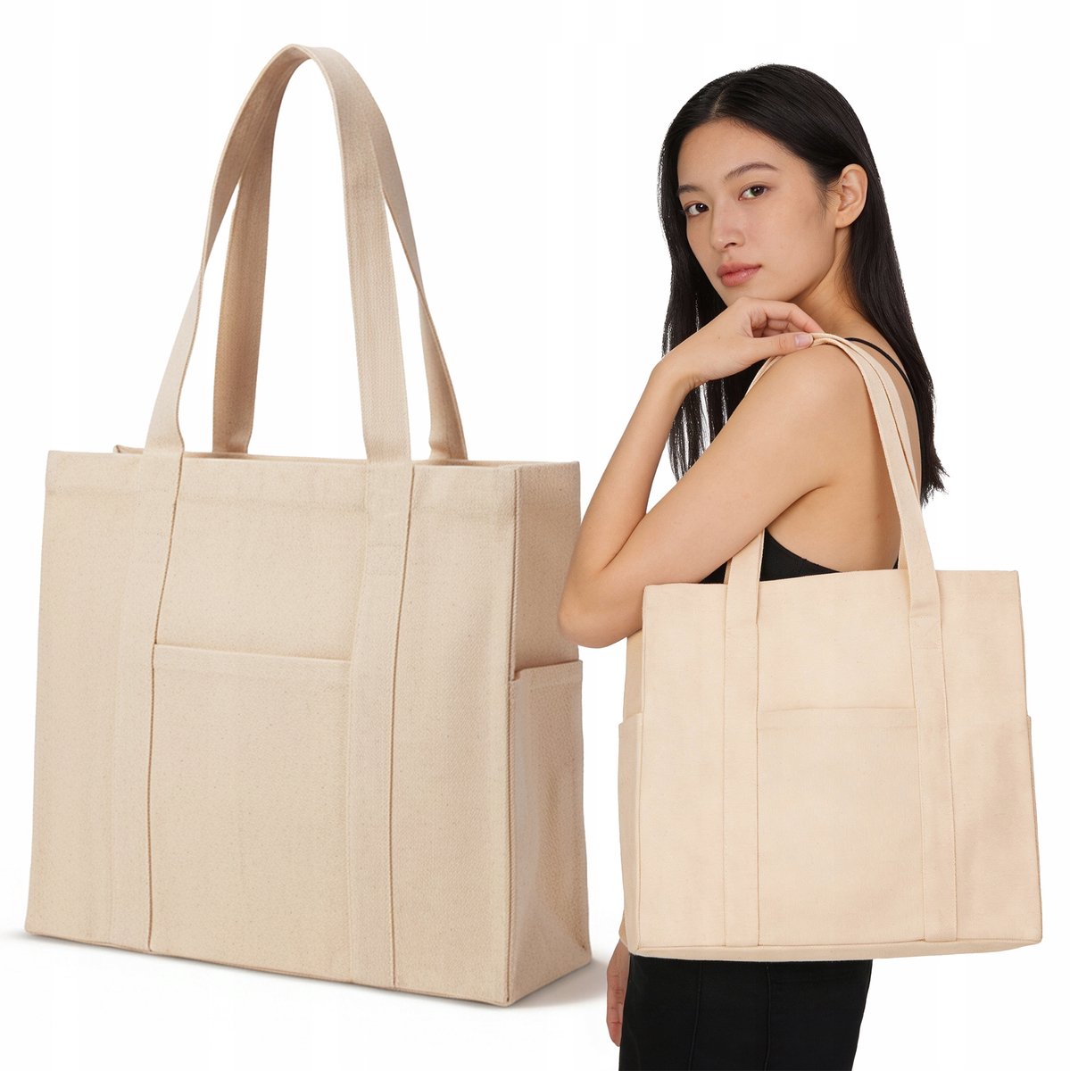 Ecru katoenen tas met vakken, 38x10x10x35cm, 320g, duurzaam