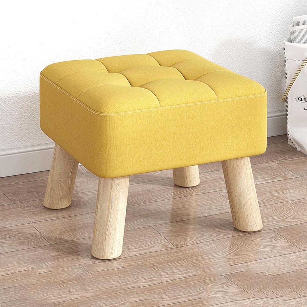 Linnen Voetenbank - Vierkante Poef - Ontspannen Zitten - Houten Poten - 30x30x26cm - Geel