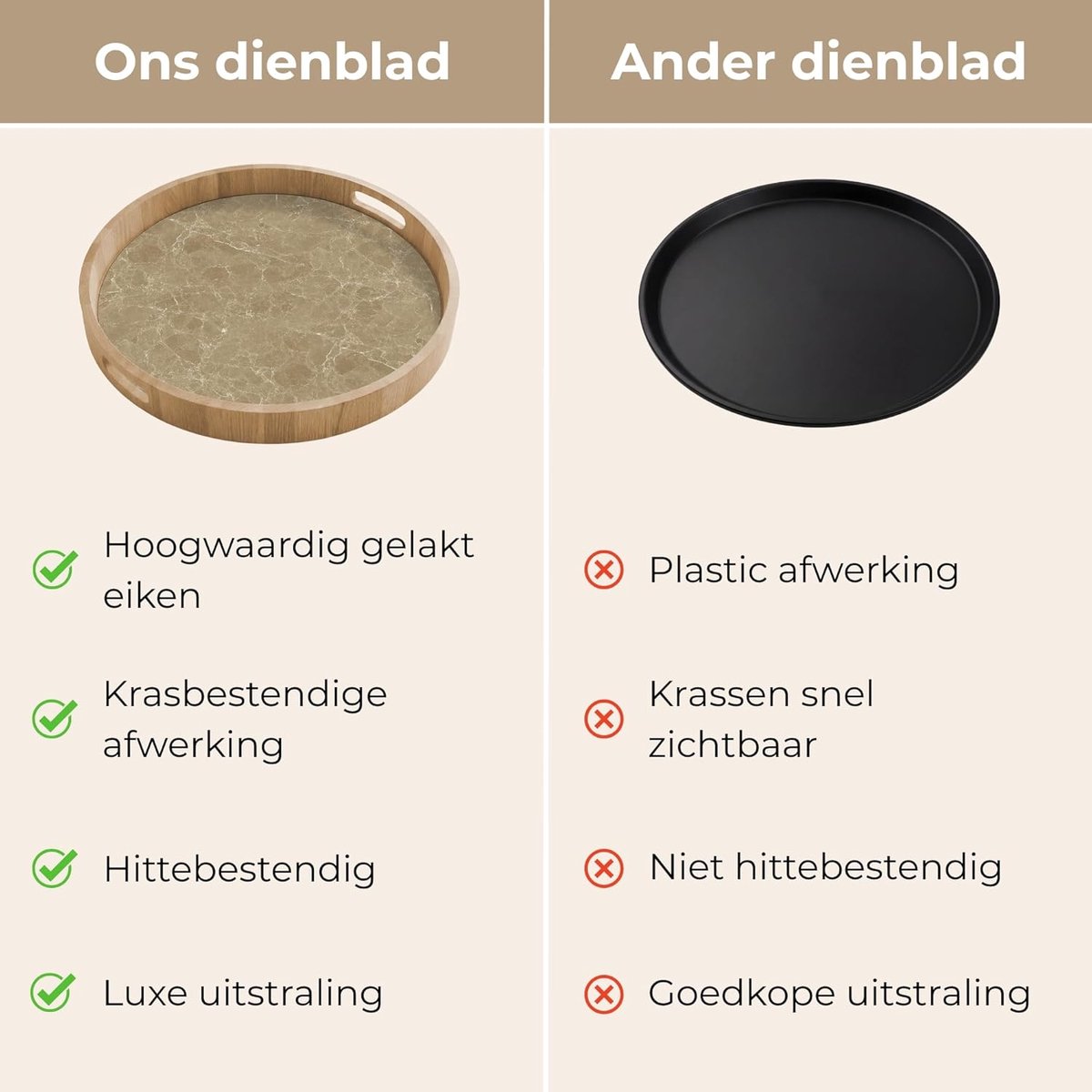 Houten Dienblad Rond - Serveerschaal Handgrepen - Ontbijt Op Bed - Krasbestendig Hittebestendig - 50x50 cm - Marmer Beige — cadeau in Cadeau-ideeën - foto 3