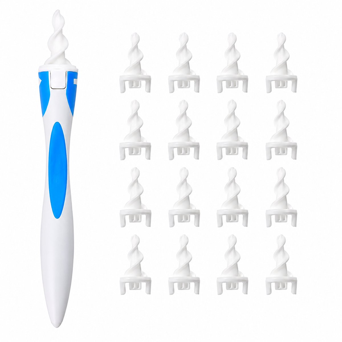 Okado Spiraal Oorreiniger met 16 Vervangende Siliconen Tips – Handmatige Oorreiniging Tool – Hygiënisch & Herbruikbaar Handvat – Compact – Wit/Blauw