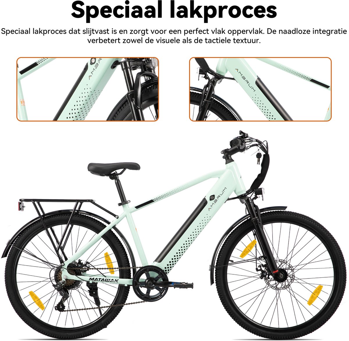 HILAND Matawak elektrische stadsfiets - 26 inch - 250W motor - 60km actieradius - 36V 10.4Ah accu - Shimano 7-versnellingen - Unisex -Mintgroen thumbnail 5