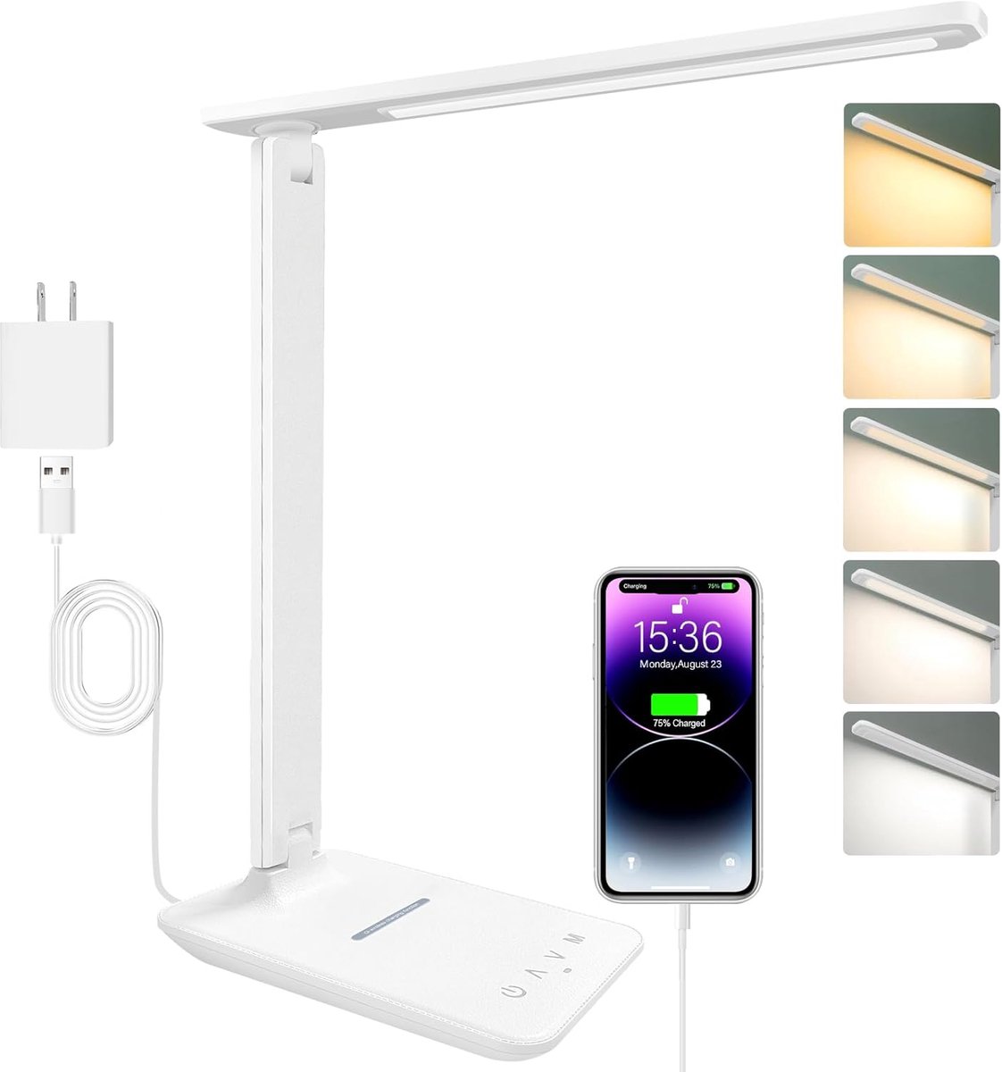 VHV Bureaulamp LED - Bureaulamp - Tafellamp - Daglichtlamp - LED leeslamp - Met USB-oplaadpoort - 5 lichtstanden - Touch-bureaulamp - opvouwbare spikelamp - voor studie, , kantoor, nachtkastje - Wit