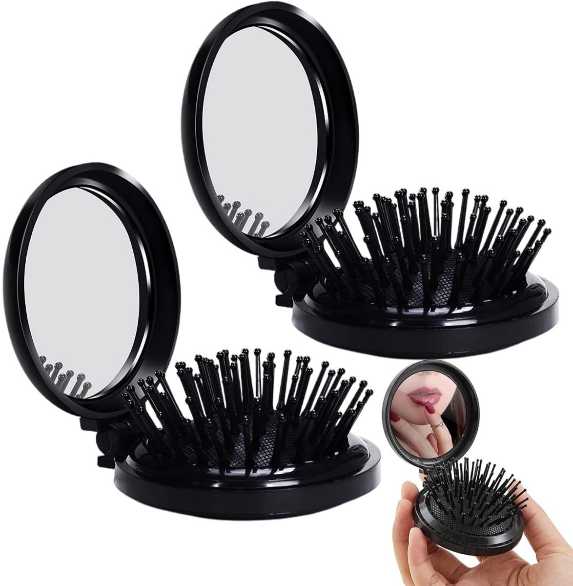 Dailygoods- Reisborstels Set van 2 - Opvouwbaar - Geïntegreerde Spiegel - Antiklit - Geschikt voor Alle Haartypes - Zachte Massage - Haarborstel
