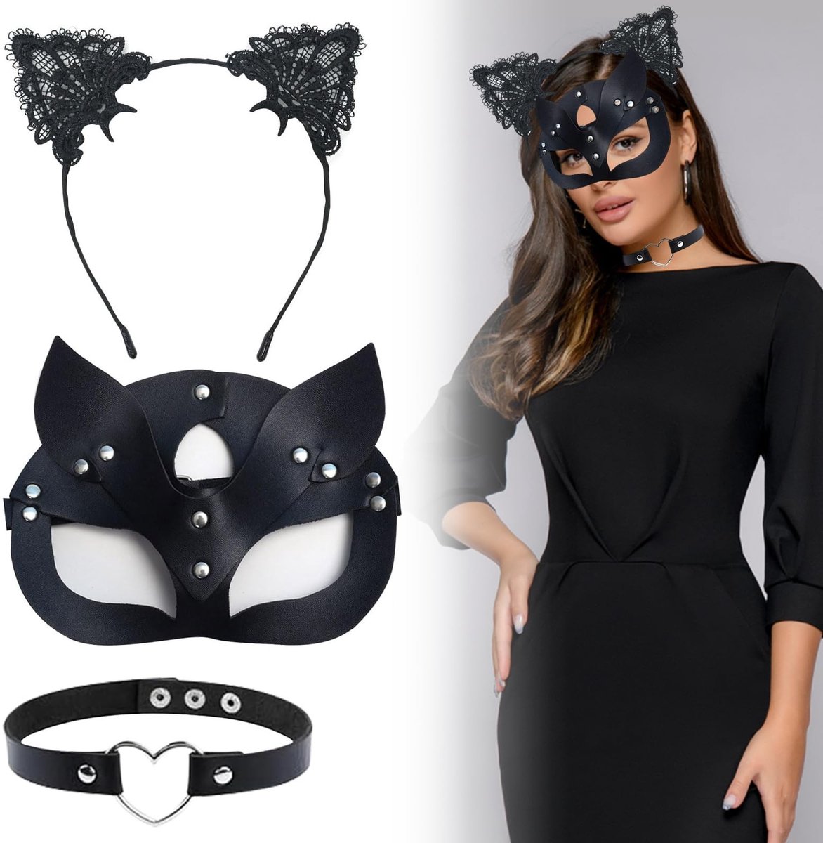 JHUBERS- Kattenmasker Glanzend - Zwart PU-leer - Feestmasker - Oogmasker - Verstelbaar - Lichtgewicht Kant - Inclusief Halsketting