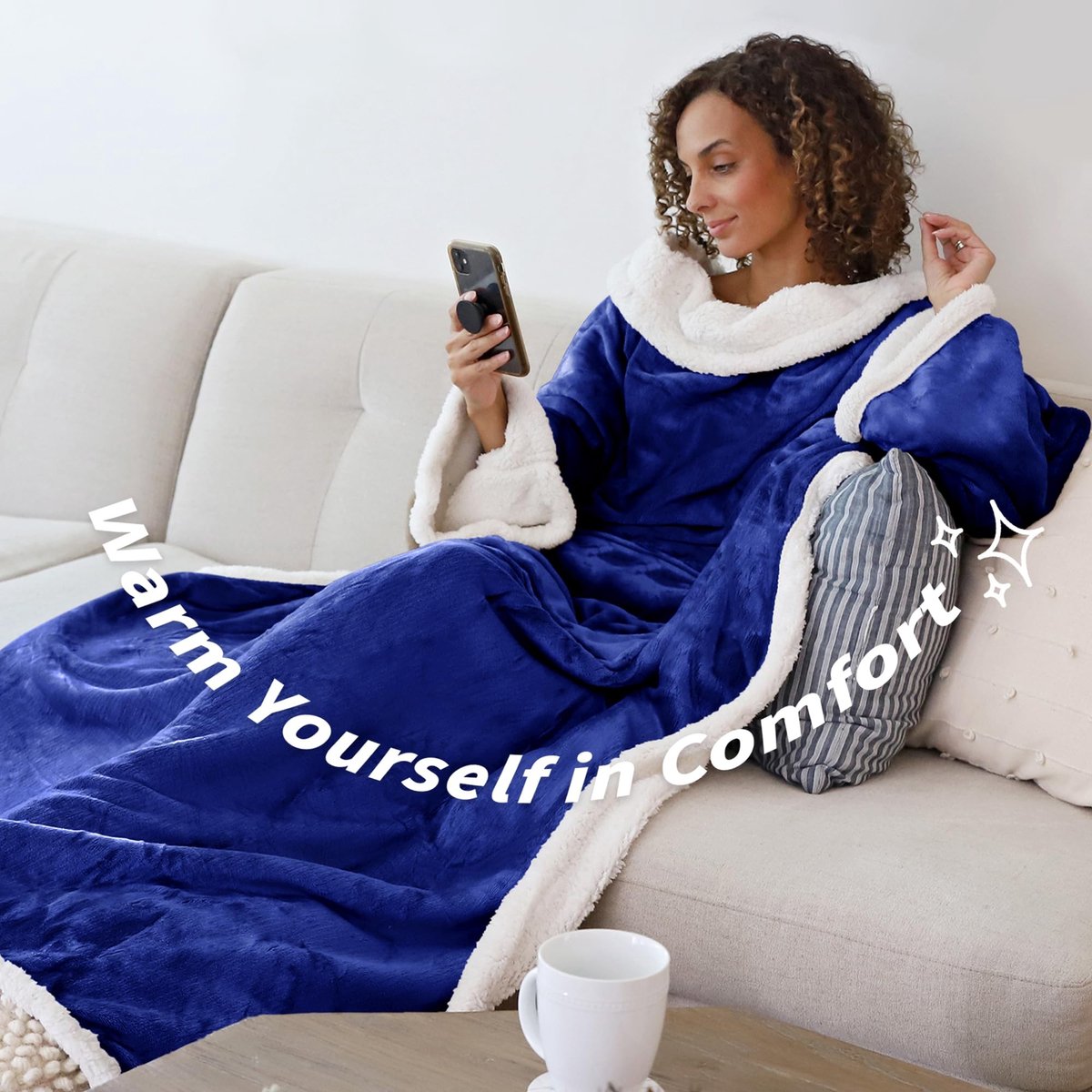 ZEYNOMAX - Stijlvolle deken met mouwen - Draagbare knuffeldeken - Blauw - Micropluche fleece - Warmte voor volwassenen - Ideaal voor winter en kerst