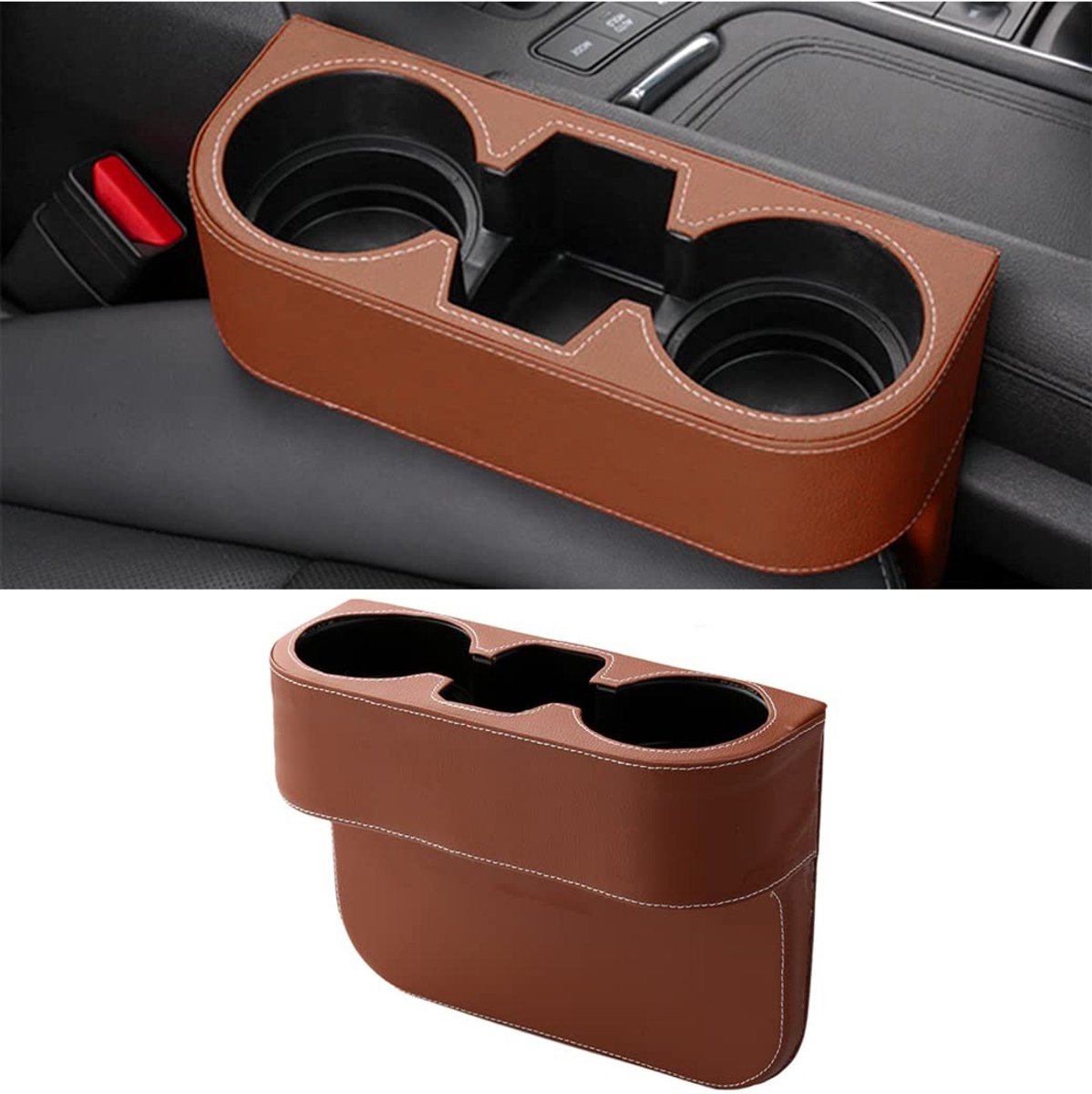 JHUBERS- Spleetvuller met Bekerhouder - Autostoel-Organizer - Universele Bekerhouder - Multifunctioneel Auto-Accessoire - Afmetingen 7x28x20 cm - Kwalitatief Leer
