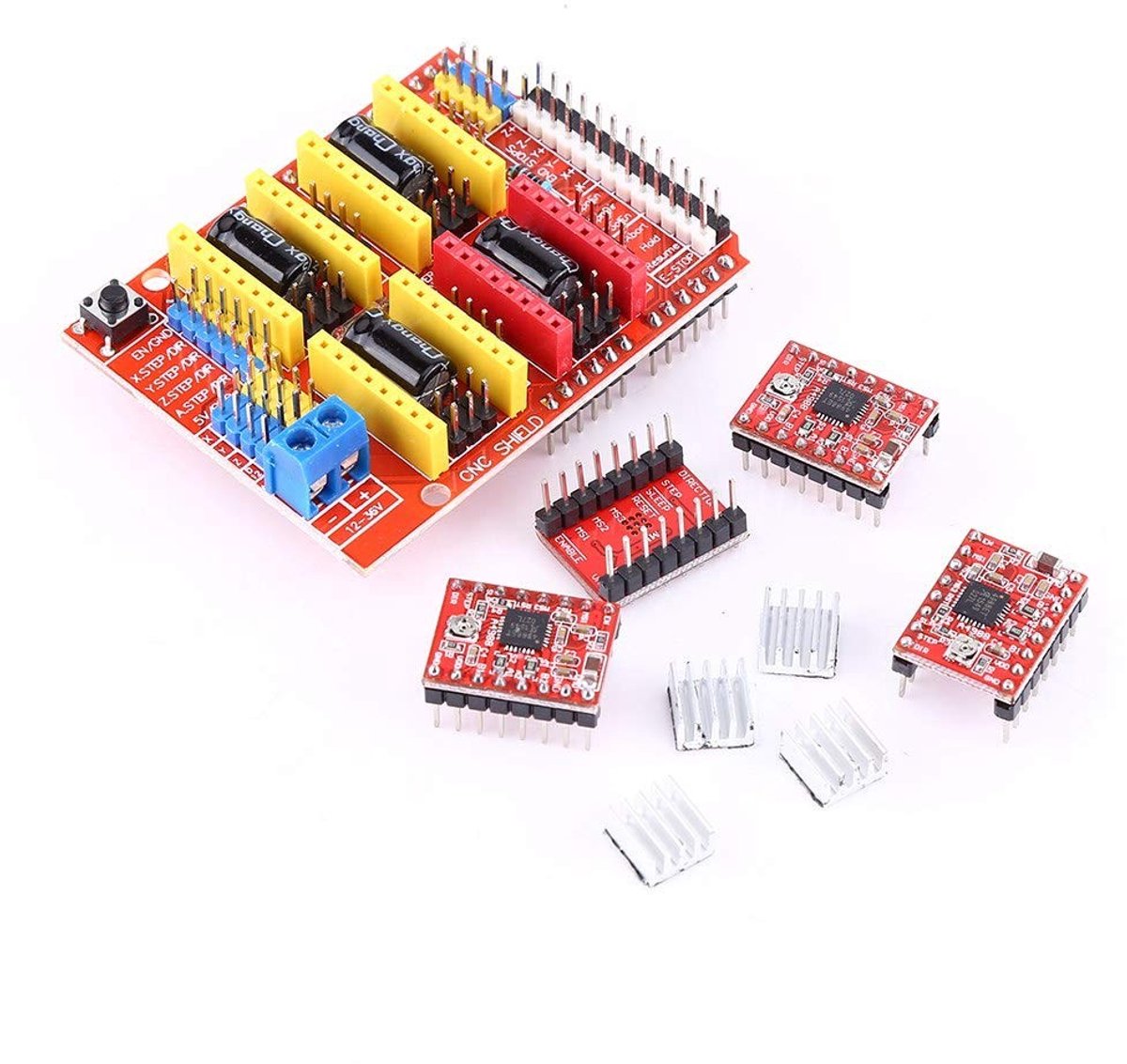 JHUBERS- CNC Shield Uitbreidingskaart 4-delig - A4988/DRV8825 Stappenmotor Driver - Graveermachine/3D-printer - Grbl 0.8-compatibel - Compact Ontwerp - Multifunctioneel - Stappenmotorcontroller