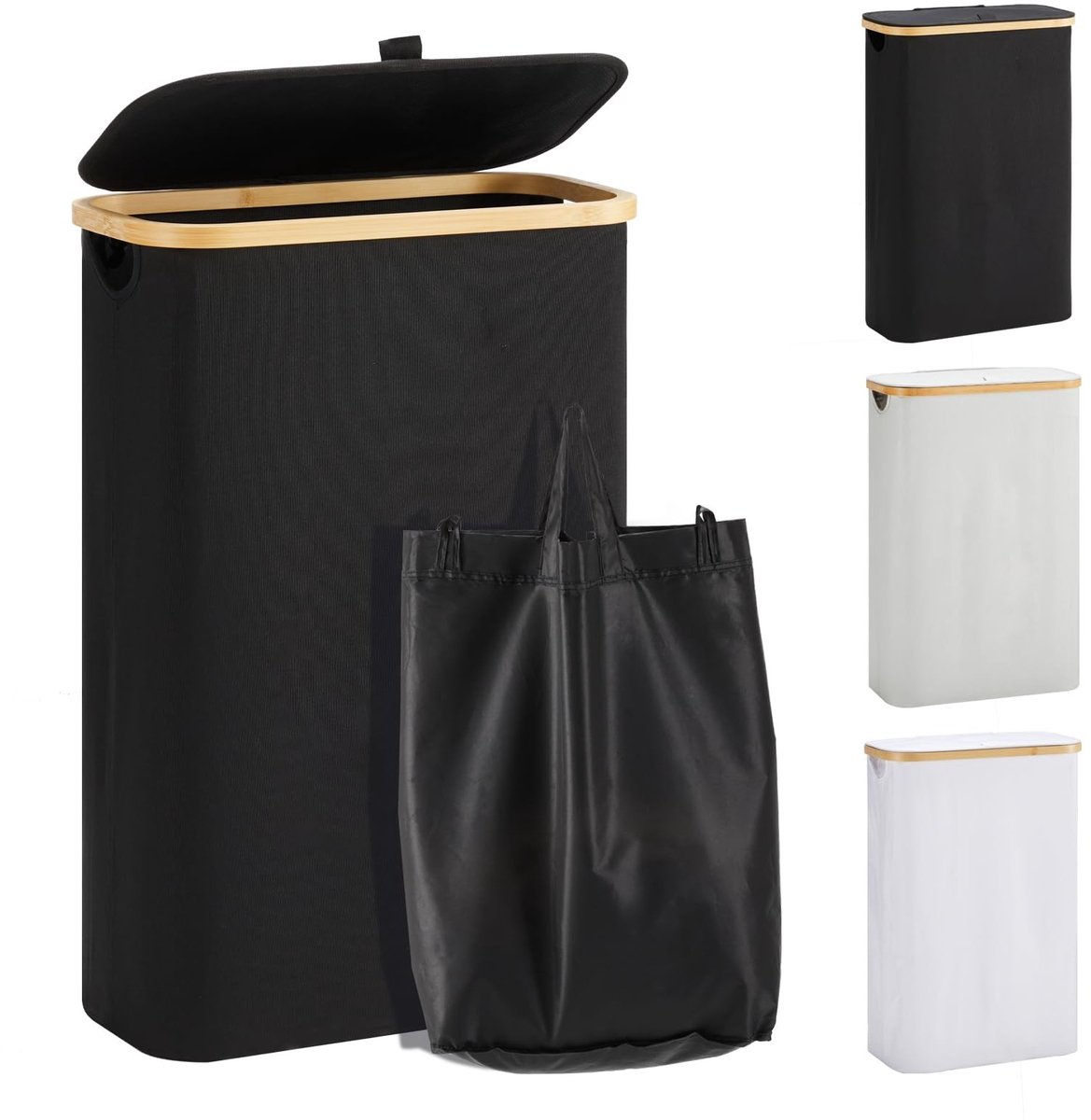 JHUBERS- Wasmand 48 liter - Wasmand met deksel - Opvouwbare Wasmand - Bamboe/Hout - Hoge Wasmand - 40 x 20 x 60 cm - Wascontainer