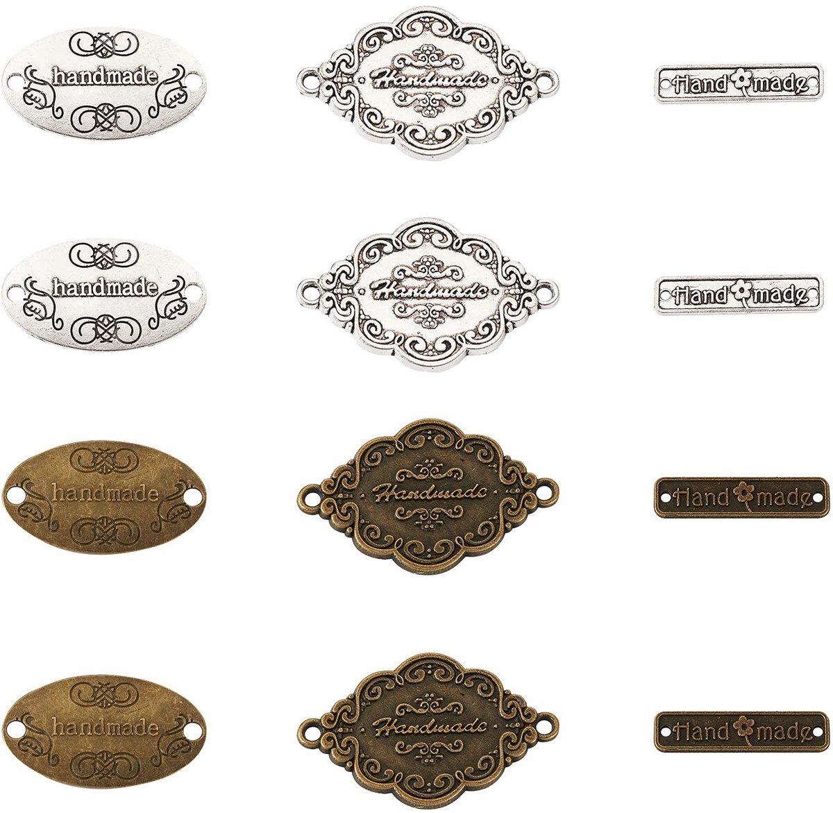 JHUBERS- Metalen Tags 60 Stuks - Ovale/Rechthoekige/Ruitvormige Labels - Antiek Zilver/Bronzen - Voor Naaien/Knutselen - Afmetingen 19x31,5mm - Etiketten