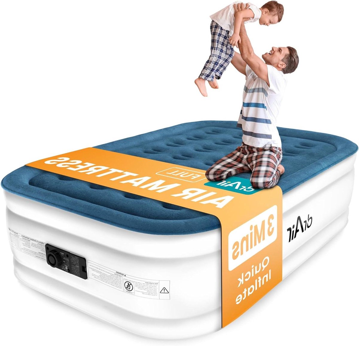 Volluchtmatras - Opblaasbaar bed - Logeren en kamperen - Ingebouwde pomp - Queen size - Blauw en wit