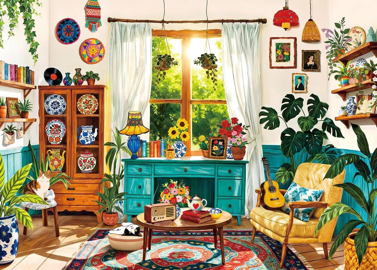 Puzzel 1000 stukjes - Legpuzzel volwassenen - Ontspanning en spel - Inclusief poster - 70 x 50 cm - Zonnige woonkamer