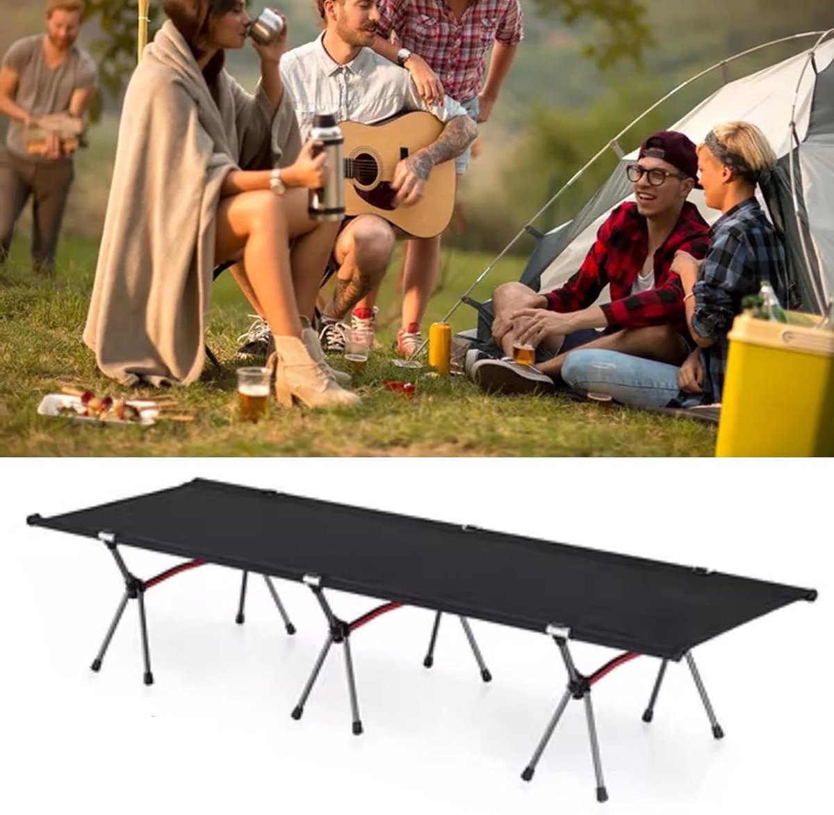 Klapbed Kampeerbed - Slaapbank Buiten - Ontspannen Onderweg - Sterk Stalen Frame - 190 x 65 cm - Zwart