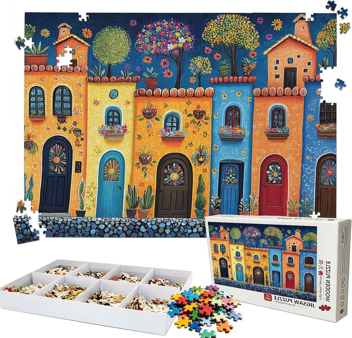 Puzzel 4000 stukjes - Abstracte huizen puzzel - Ontspanning thuis - Lindehouten kwaliteit - 141x87 cm - Abstract