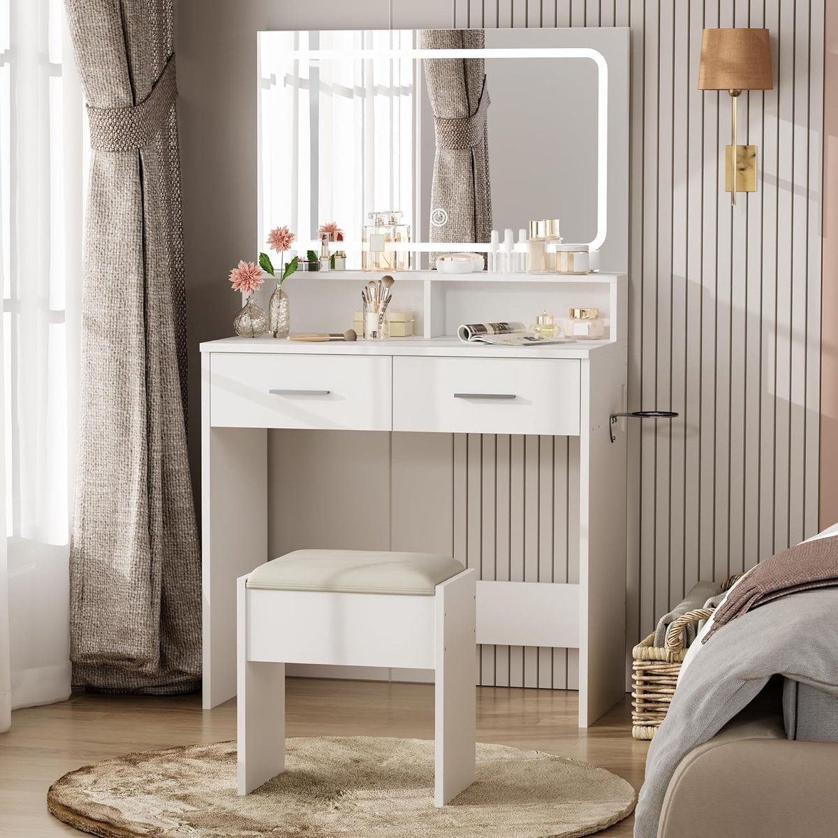 Kaptafel - Kaptafel met spiegel en krukje met verstelbare 3-kleurige ledverlichting, 2 lades, 2 open vakken, moderne stijl, wit