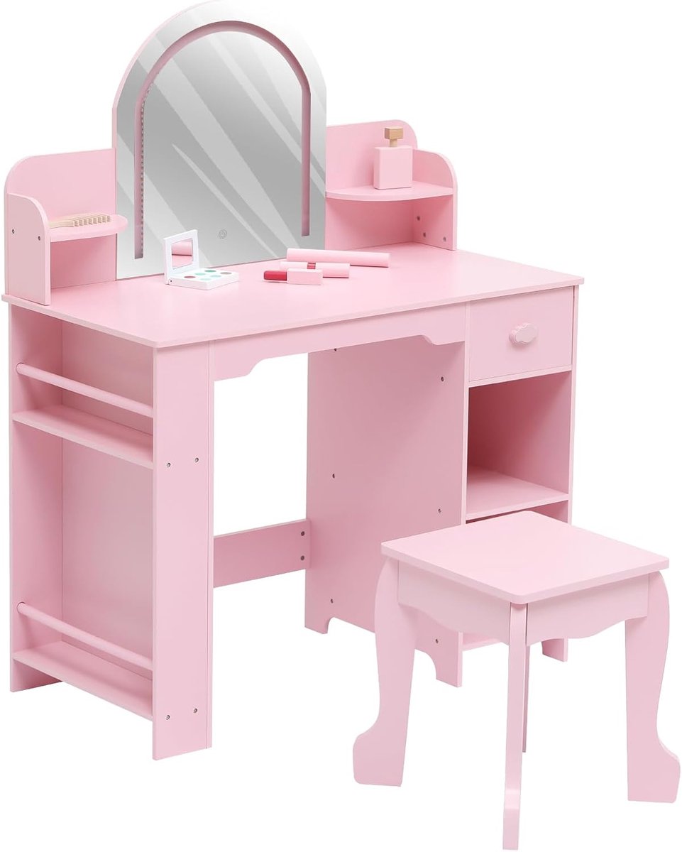 Kinder Kaptafel met LED-verlichte spiegel, make-up tafel voor meisjes met krukje, 3 verlichtingsstanden, wolkvormige lade en planken, roze