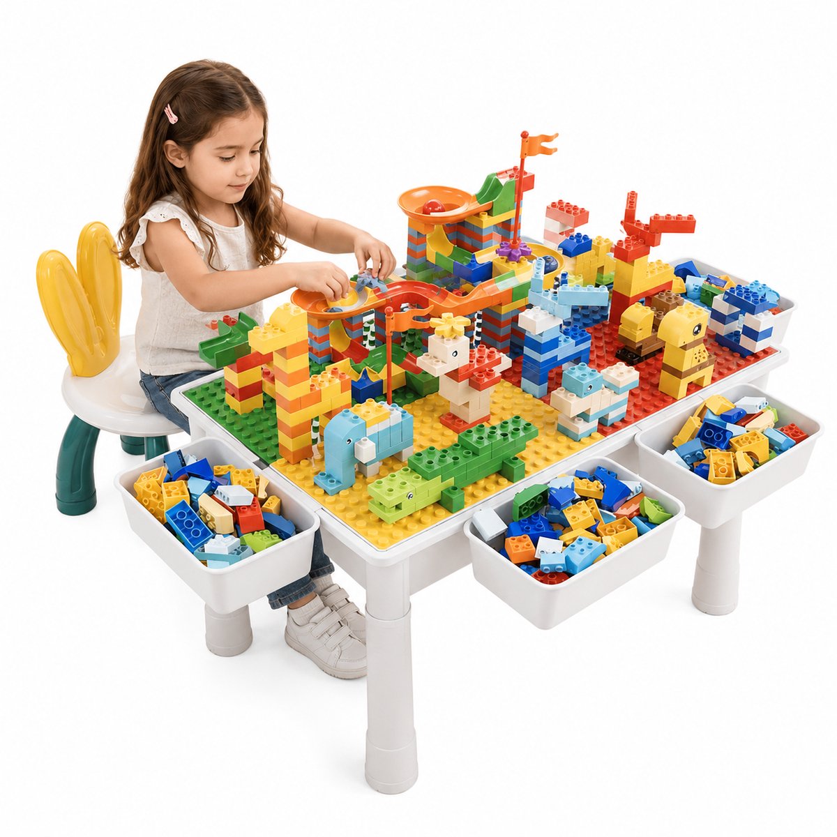 Meedeer Speeltafel voor Kinderen-411 Bouwblokken-Kindertafel met Bouwspeelgoed-Bouwtafel-Bouwstenen-Met stoel en 4 opbergdozen