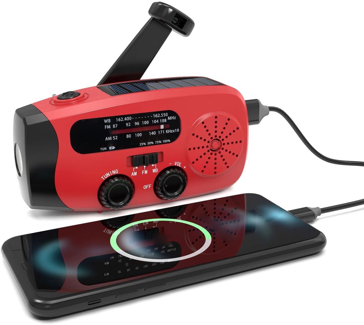 Dailygoods- Crankradio Nood - Solar/Hand Crank - LED Zaklamp - SOS Alarm - Type C Telefoonlader - Waterbestendig IPX3 - 2000mAh Batterij - Noodradio