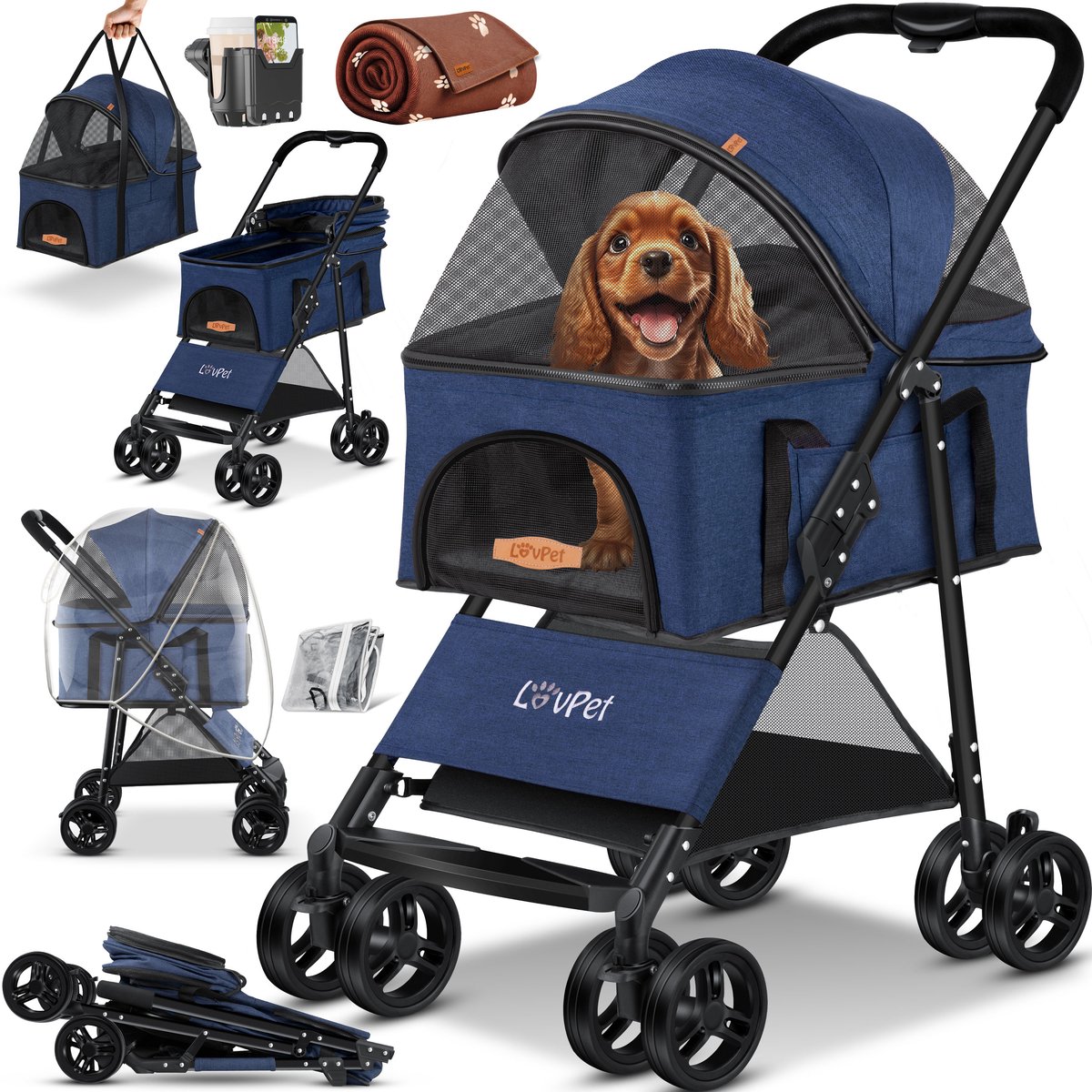 LOVPET® Hondenbuggy 2in1 Huisdieren Wandelwagen Buggy met Transporttas Opvouwbaar tot 20 kg Hondenwandelwagen met Gaasramen & Regenhoes Jogger Kattenbuggy voor Kleine Honden Katten Hondenbox - Blauw