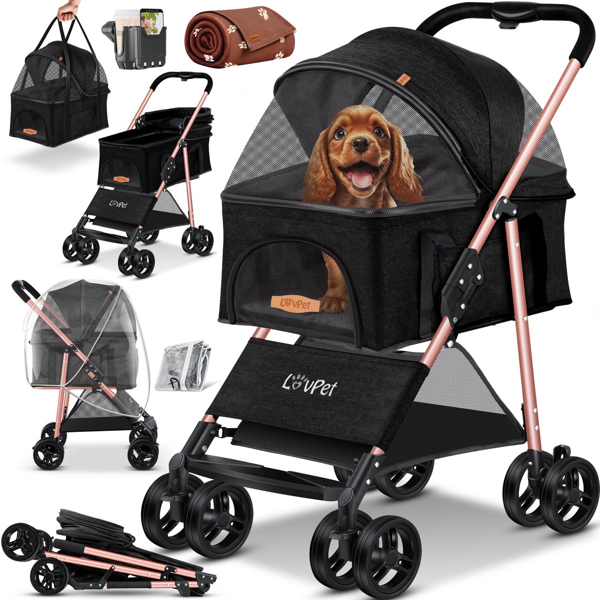 LOVPET® Hondenbuggy 2in1 Huisdieren Wandelwagen Buggy met Transporttas Opvouwbaar tot 20 kg Hondenwandelwagen met Gaasramen & Regenhoes Jogger Kattenbuggy voor Kleine Honden Katten Hondenbox - Zwart