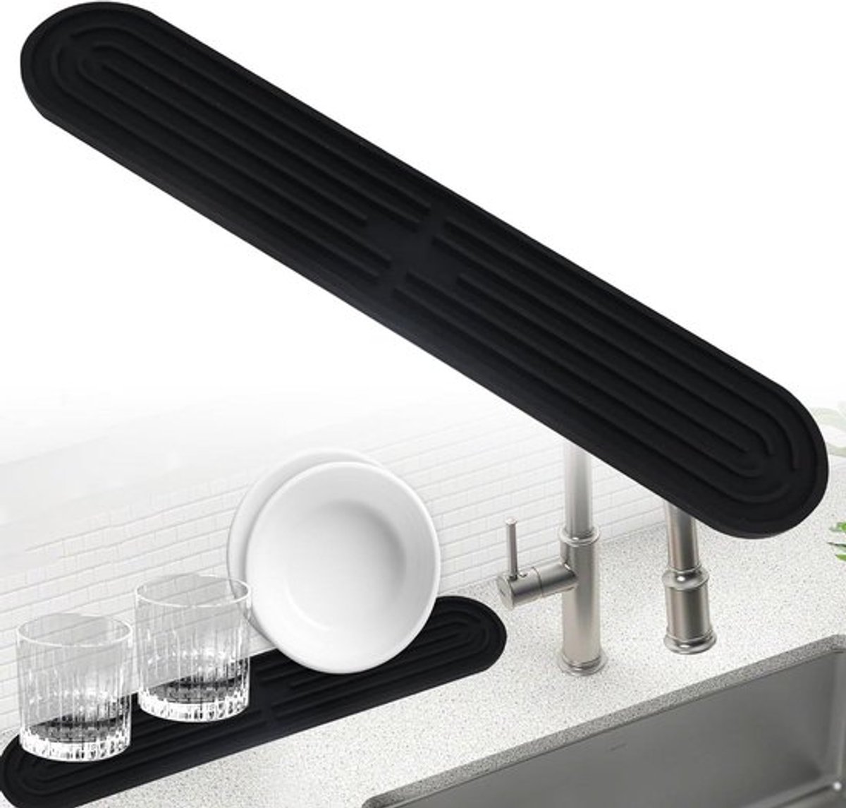 Smalle siliconen afdruipmat, verlengd, antislip - 43 x 7,8 cm - vaatwasmachinebestendig - zwart.